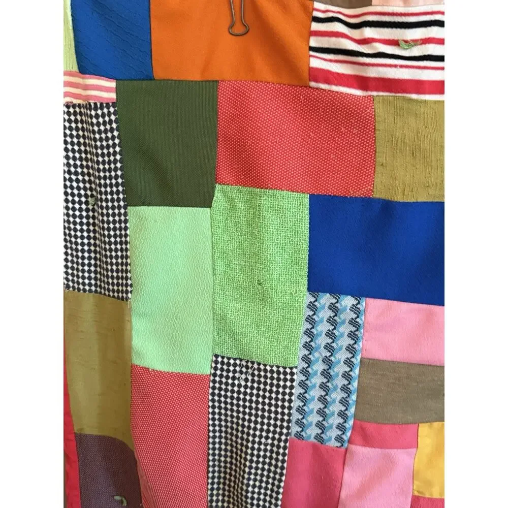 1970s Boho Patchwork Blanket Graphic Prints Quilt VTG Handmade Square 57” X 57”